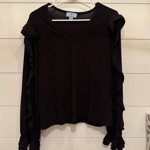 CeCe Black Ruffled Long Sleeve Blouse, Women’s L